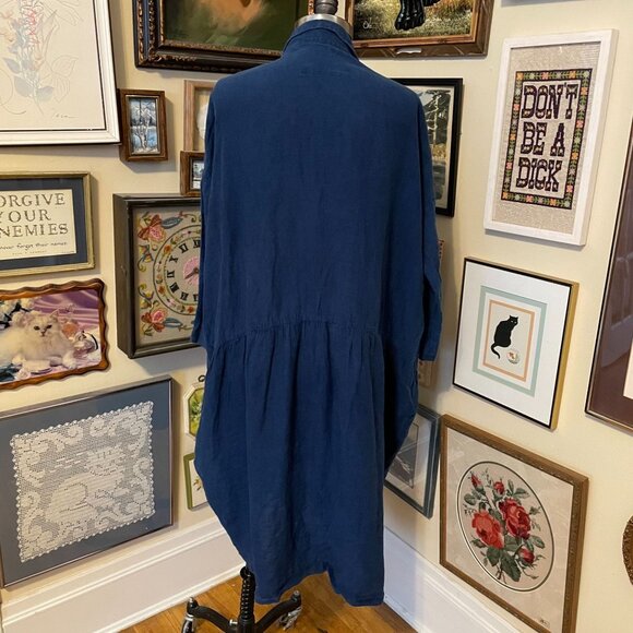 Ichi Antiquites Navy Blue Linen Button Front Shirt Dress with Pockets Size M - Picture 4 of 7